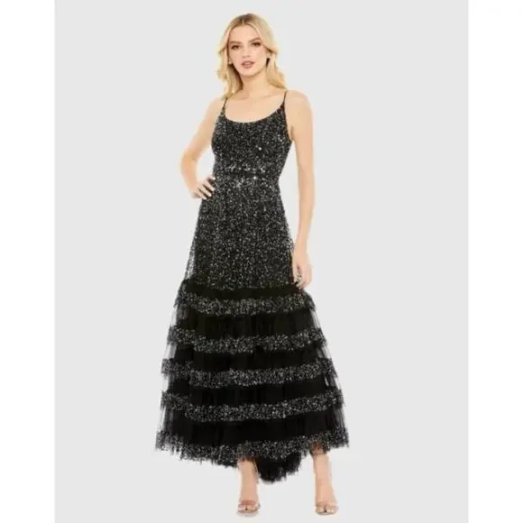 Mac Duggal Black 10883 Embellished Scoop Neck Tiered Formal Gown Dress size 8 - Picture 2 of 9